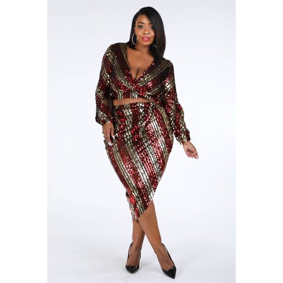 Women's Deep V-Neck Multicolor Casual Long Sleeve Stripe Sequin Two-Piece Sets - Picture 3 of 10